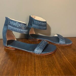 ELF,  made by hand blue leather flat sandals with zipper on the back.